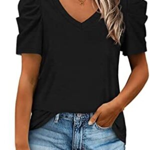 Womens Summer Shirt V Neck Casual Tshirts Puff Sleeve Tops for Women Solid Color XS-3XL