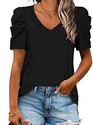 Womens Summer Shirt V Neck Casual Tshirts Puff Sleeve Tops for Women Solid Color XS-3XL